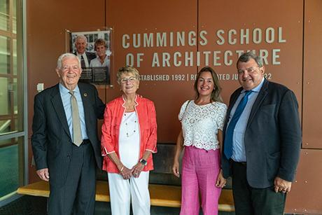 Bill and Joyce Cummings (left) join President Ioannis Miaoulis and his wife, Heidi Maes, at the dedication of the RWU Cummings School of Architecture last year.